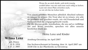 Traueranzeige von Wilma Lenz von Tageszeitung