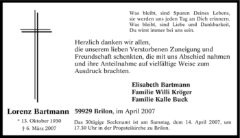 Traueranzeige von Lorenz Bartmann von Tageszeitung