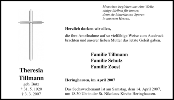 Traueranzeige von Theresia Tillmann von Tageszeitung