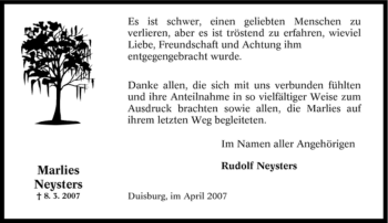 Traueranzeige von Marlies Neysters von Tageszeitung