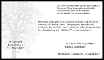 Traueranzeige von Wilhelm Lehmhaus von Tageszeitung