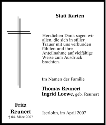 Traueranzeige von Fritz Reunert von Tageszeitung
