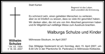 Traueranzeige von Wilhelm Schulze von Tageszeitung