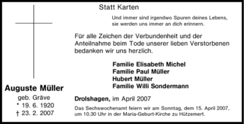 Traueranzeige von Auguste Müller von Tageszeitung