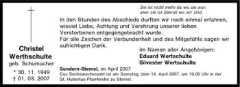 Traueranzeige von Christel Werthschulte von Tageszeitung