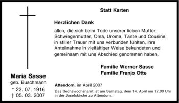 Traueranzeige von Maria Sasse von Tageszeitung