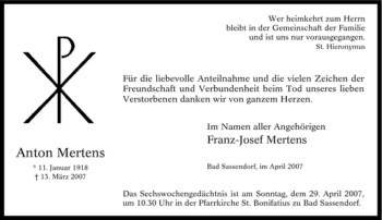 Traueranzeige von Anton Mertens von Tageszeitung