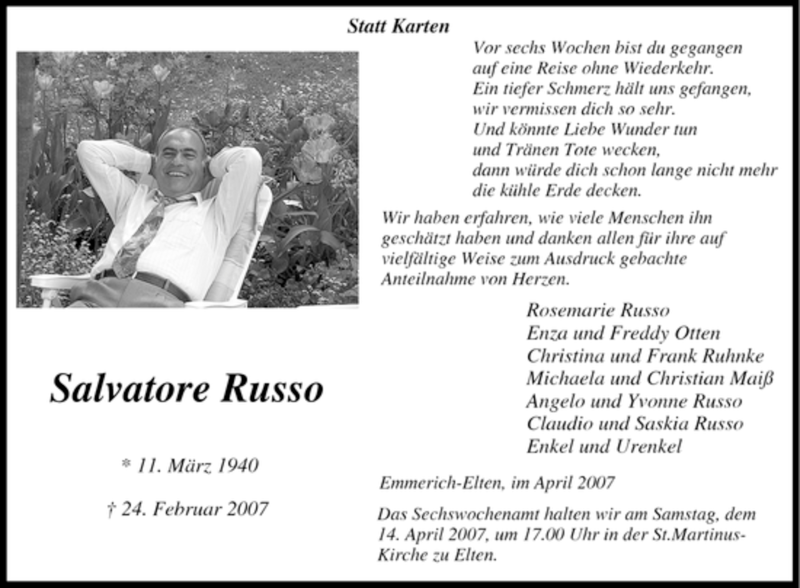  Traueranzeige für Salvatore Russo vom 10.04.2007 aus Tageszeitung