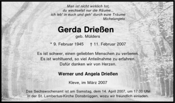 Traueranzeige von Gerda Drießen von Tageszeitung
