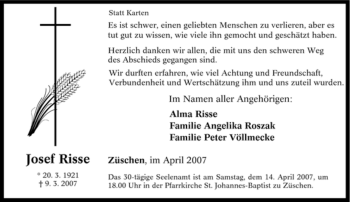 Traueranzeige von Josef Risse von Tageszeitung