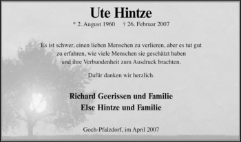 Traueranzeige von Ute Hintze von Tageszeitung