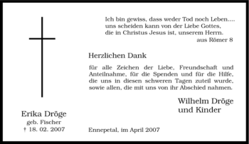 Traueranzeige von Erika Dröge von Tageszeitung
