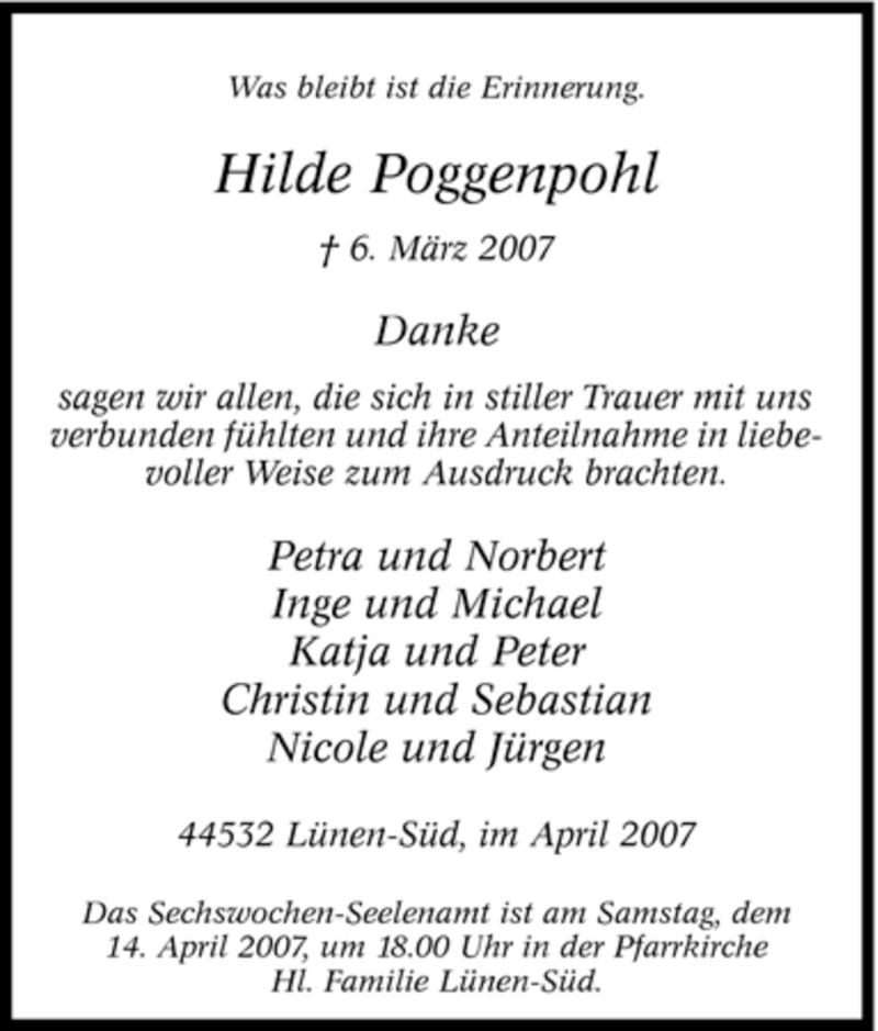  Traueranzeige für Hilde Poggenpohl vom 10.04.2007 aus Tageszeitung
