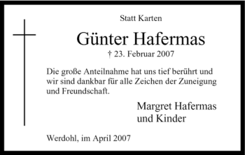 Traueranzeige von Günter Hafermas von Tageszeitung