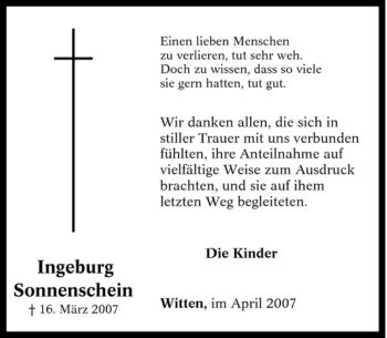 Traueranzeige von Ingeburg Sonnenschein von Tageszeitung