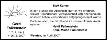 Traueranzeige von Gerd Falkenstein von Tageszeitung