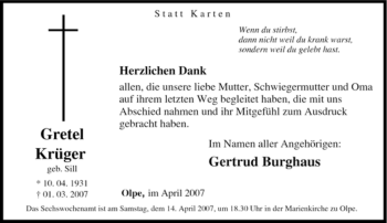 Traueranzeige von Gretel Krüger von Tageszeitung
