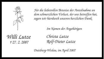 Traueranzeige von Willi Lutze von Tageszeitung