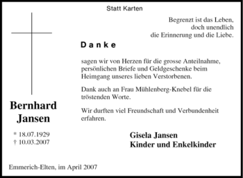 Traueranzeige von Bernhard Jansen von Tageszeitung