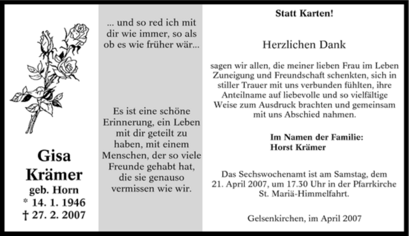  Traueranzeige für Gisa Krämer vom 11.04.2007 aus Tageszeitung