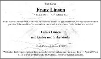 Traueranzeige von Franz Linsen von Tageszeitung