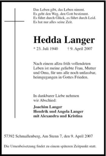 Traueranzeige von Hedda Langer von Tageszeitung