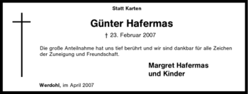 Traueranzeige von Günter Hafermas von Tageszeitung