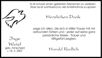 Traueranzeige von Inge Wetzl von Tageszeitung