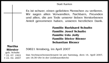 Traueranzeige von Martha Hörster von Tageszeitung