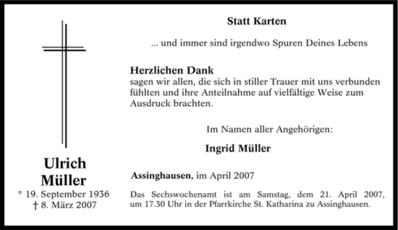  Traueranzeige für Ulrich Müller vom 13.04.2007 aus Tageszeitung