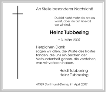 Traueranzeige von Heinz Tubbesing von Tageszeitung