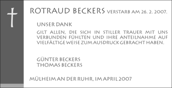 Traueranzeige von Rotraud Beckers von Tageszeitung