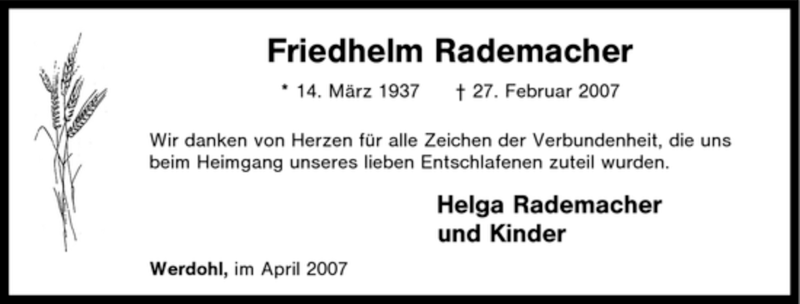  Traueranzeige für Friedhelm Rademacher vom 14.04.2007 aus Tageszeitung