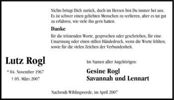 Traueranzeige von Lutz Rogl von Tageszeitung
