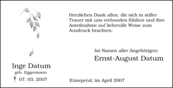 Traueranzeige von Inge Datum von Tageszeitung