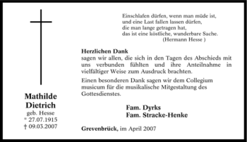 Traueranzeige von Mathilde Dietrich von Tageszeitung