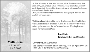 Traueranzeige von Willi Stein von Tageszeitung