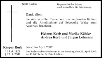 Traueranzeige von Kaspar Korb von Tageszeitung