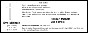 Traueranzeige von Eva Michels von Tageszeitung