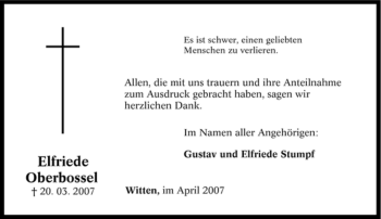 Traueranzeige von Elfriede Oberbossel von Tageszeitung