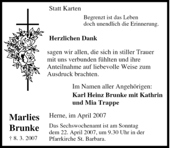 Traueranzeige von Marlies Brunke von Tageszeitung