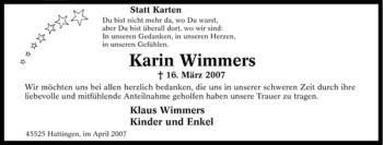 Traueranzeige von Karin Wimmers von Tageszeitung