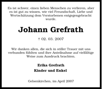 Traueranzeige von Johann Grefrath von Tageszeitung