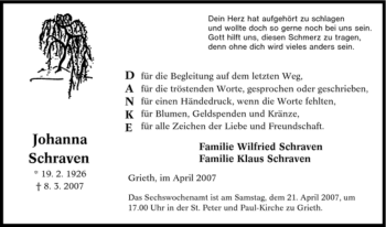 Traueranzeige von Johanna Schraven von Tageszeitung