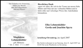 Traueranzeige von Magdalene Lehmenkühler von Tageszeitung