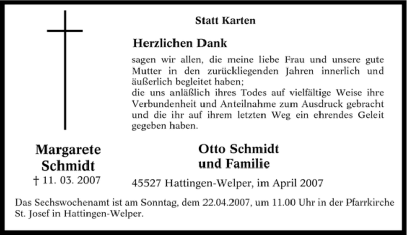  Traueranzeige für Margarete Schmidt vom 14.04.2007 aus Tageszeitung