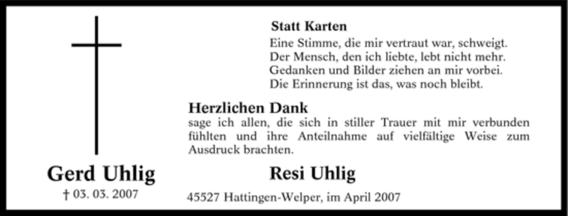  Traueranzeige für Gerd Uhlig vom 14.04.2007 aus Tageszeitung
