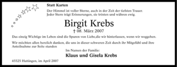 Traueranzeige von Birgit Krebs von Tageszeitung