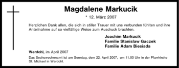 Traueranzeige von Magdalene Markucik von Tageszeitung