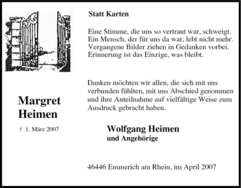 Traueranzeige von Margret Heimen von Tageszeitung